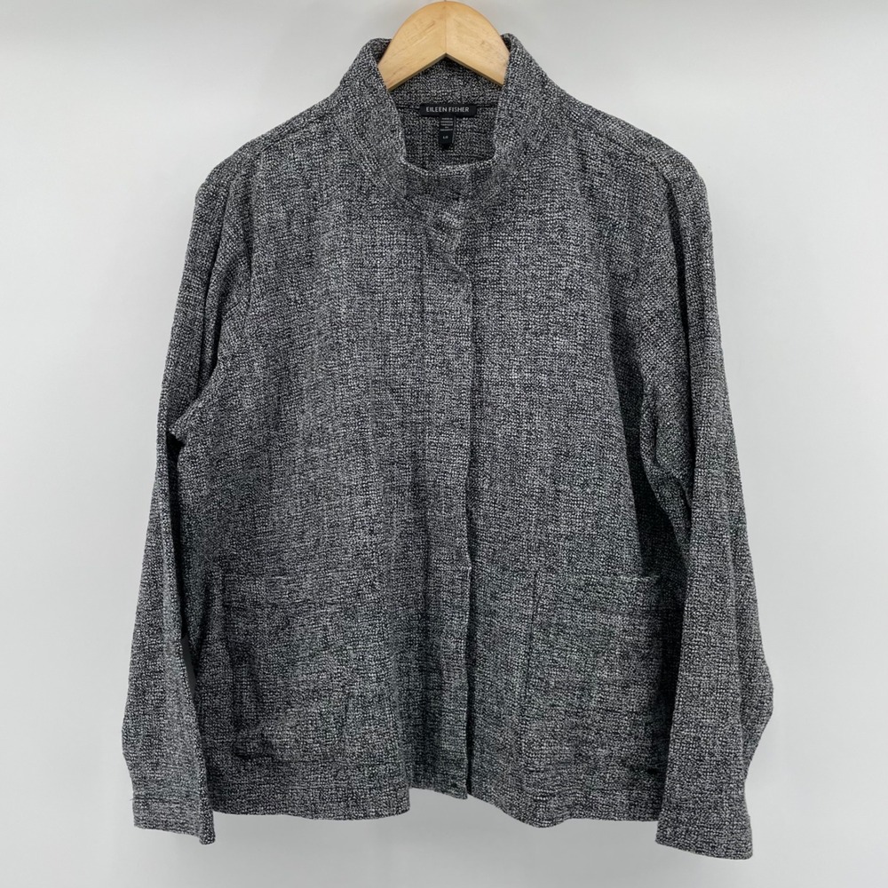 Eileen Fisher Textured Organic Cotton Tweed Stand Collar Zip Jacket Size Large - Picture 2 of 10